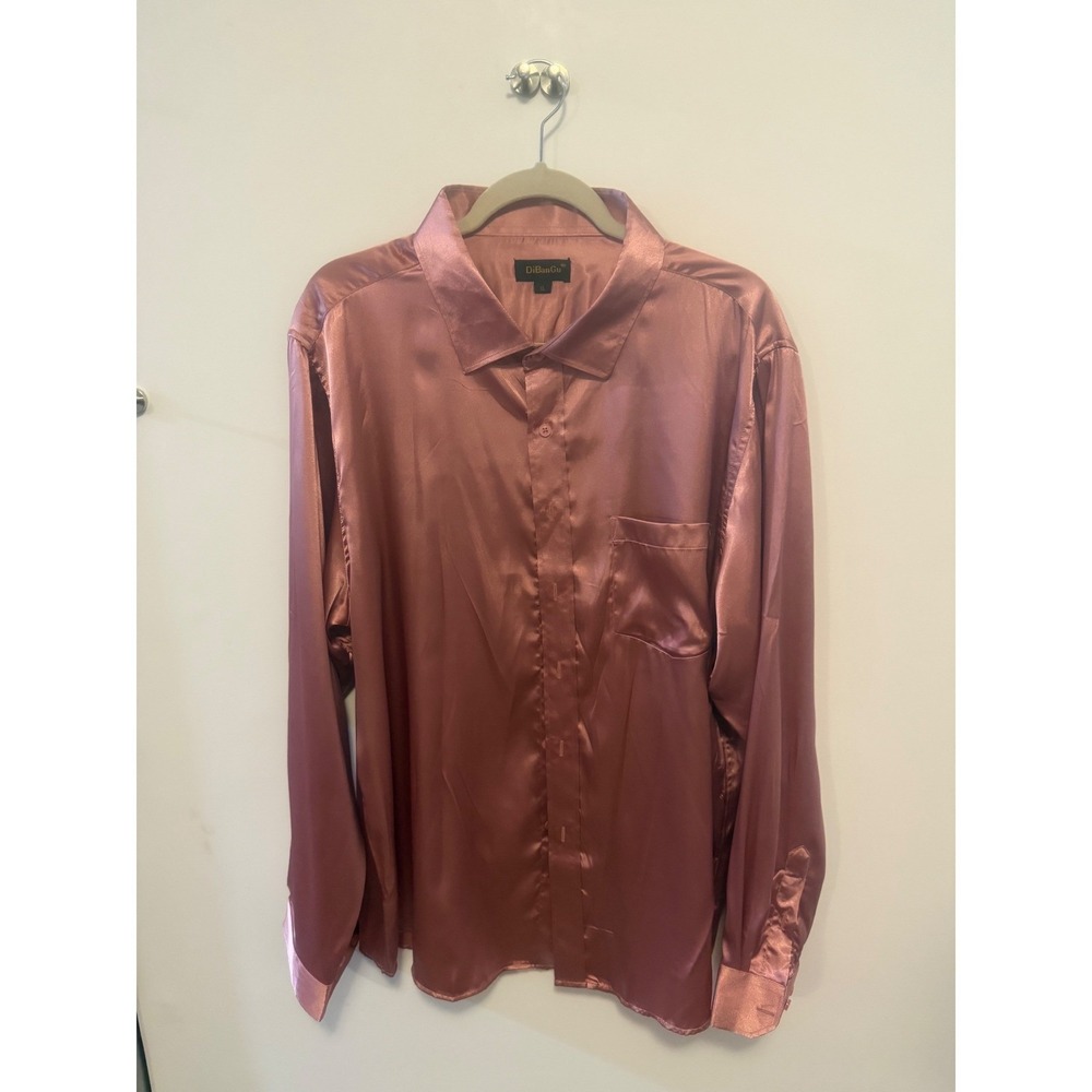 DiBanGu Rose Gold Satin Button Down Shirt XL Long Sleeve Silky Blouse Pocket